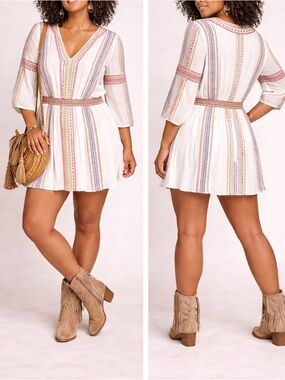 Alice + Olivia Embroidered Tunic Dress Boho White Multicolor V Neck Mini Sz 6